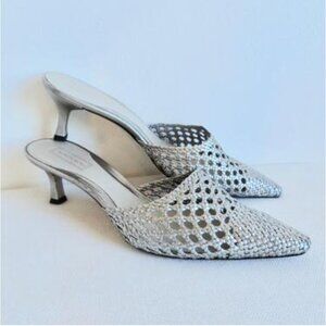 Silver Leather Woven Mules Kitten Heels Nordstrom Size 9.5